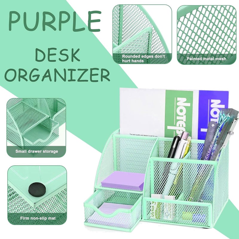 Scindaly Green Office Desk Accessories Supplies, 12pcs Desk Organizers and Accessories with Tape dispenser and Stapler,Staples,Staple Remover,Pen Holder,Scissor,Ruler,Sticky Tabs,Tape,Ballpoint Pen,Clips Set - Image 2